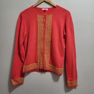 Lilly Pulitzer Greek Key Cardigan Salmon And Gold Sweater Size Large Resortwear